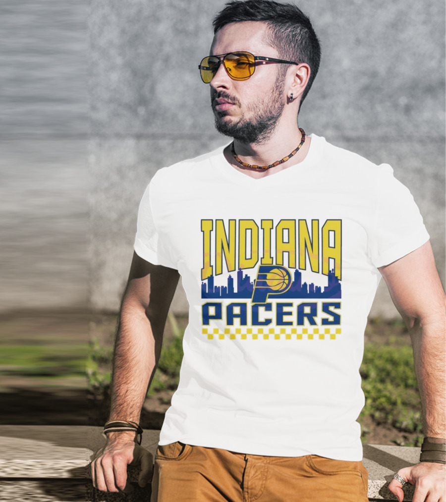 Indiana Pacers NBA Logo Skyline With Checkered T-Shirt