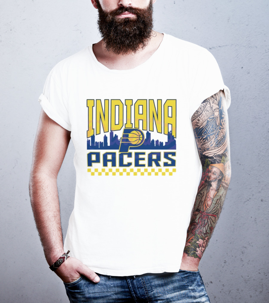 Indiana Pacers NBA Logo Skyline With Checkered T-Shirt