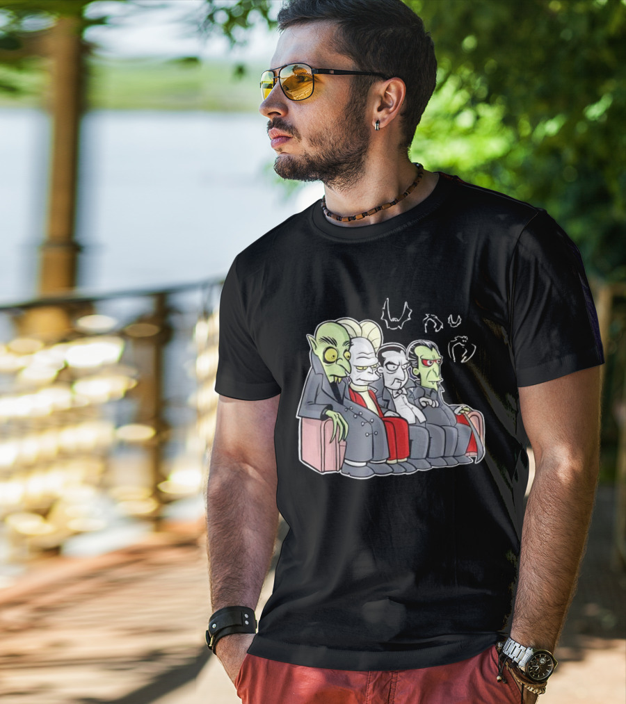 Various Versions Of Draculas Seated On A Couch With Bat Symbols T-Shirt
