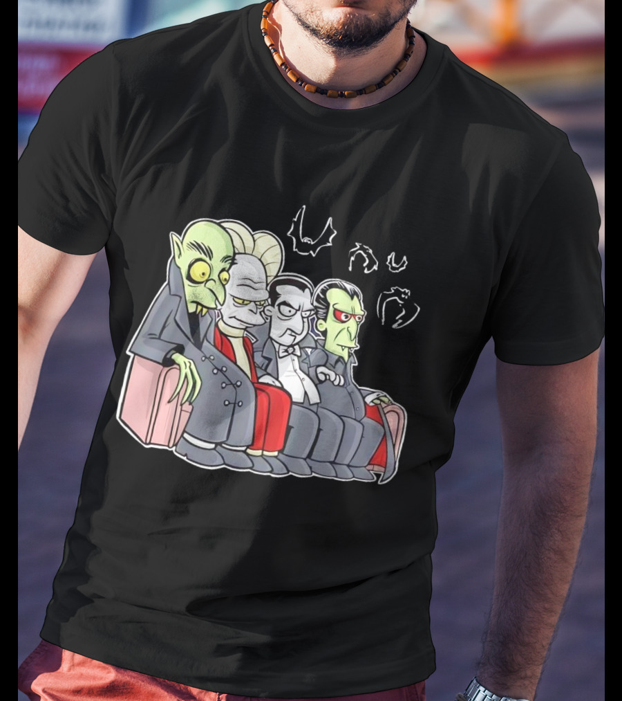 Various Versions Of Draculas Seated On A Couch With Bat Symbols T-Shirt