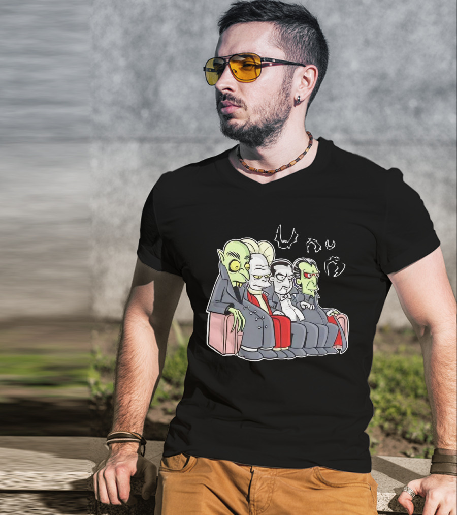Various Versions Of Draculas Seated On A Couch With Bat Symbols T-Shirt