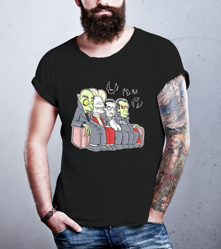 Various Versions Of Draculas Seated On A Couch With Bat Symbols T-Shirt