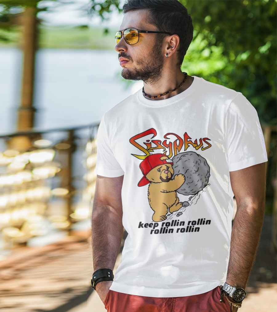 Sisyphus Keep Rollin Rollin Rollin Rollin Bear With Boulder Red Cap T-Shirt