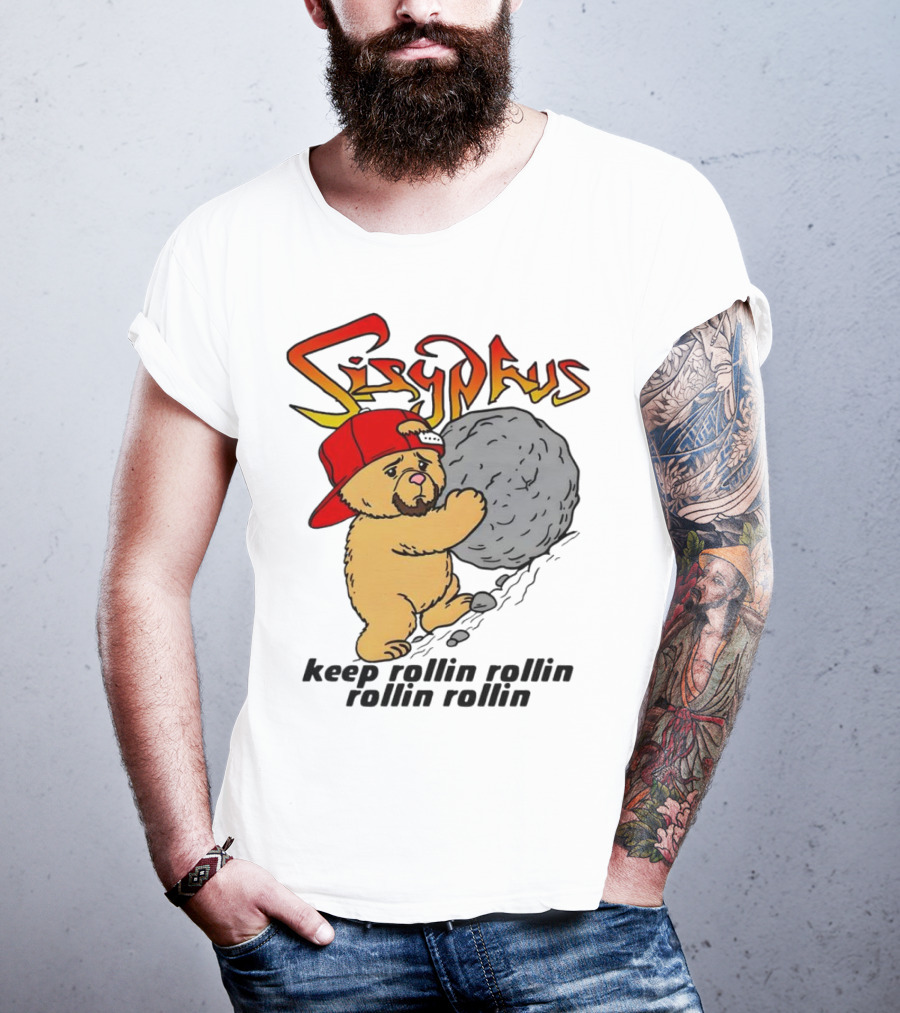 Sisyphus Keep Rollin Rollin Rollin Rollin Bear With Boulder Red Cap T-Shirt