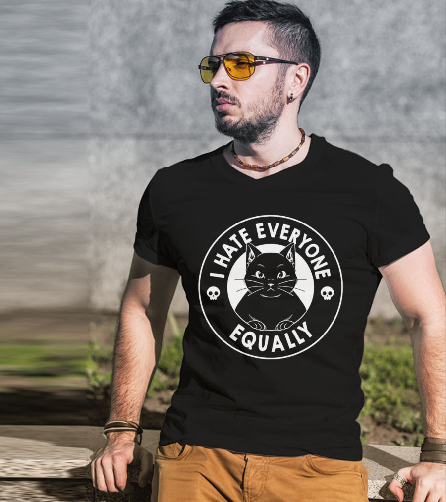I Hate Everyone Equally Black Cat Illustration With Skulls T-Shirt