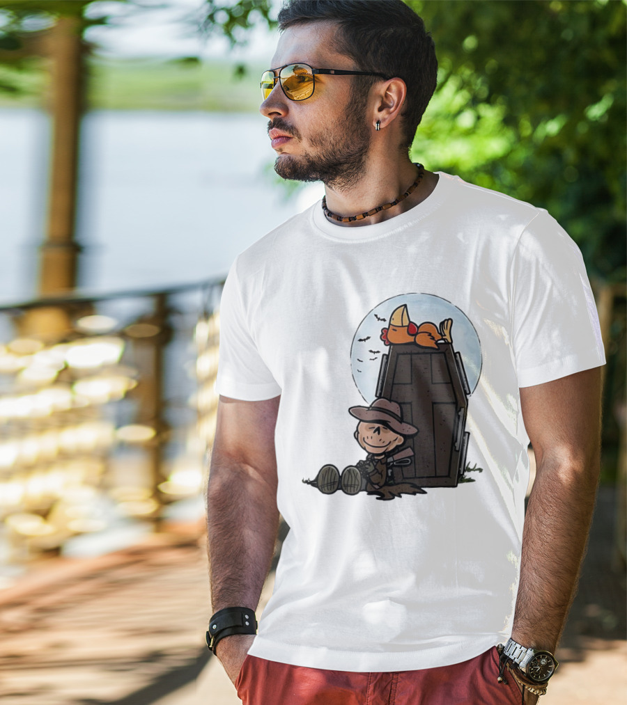 Ghoul And A Chicken From Fallout Peanuts Style Sitting By Coffin Under Moon With Bats T-Shirt