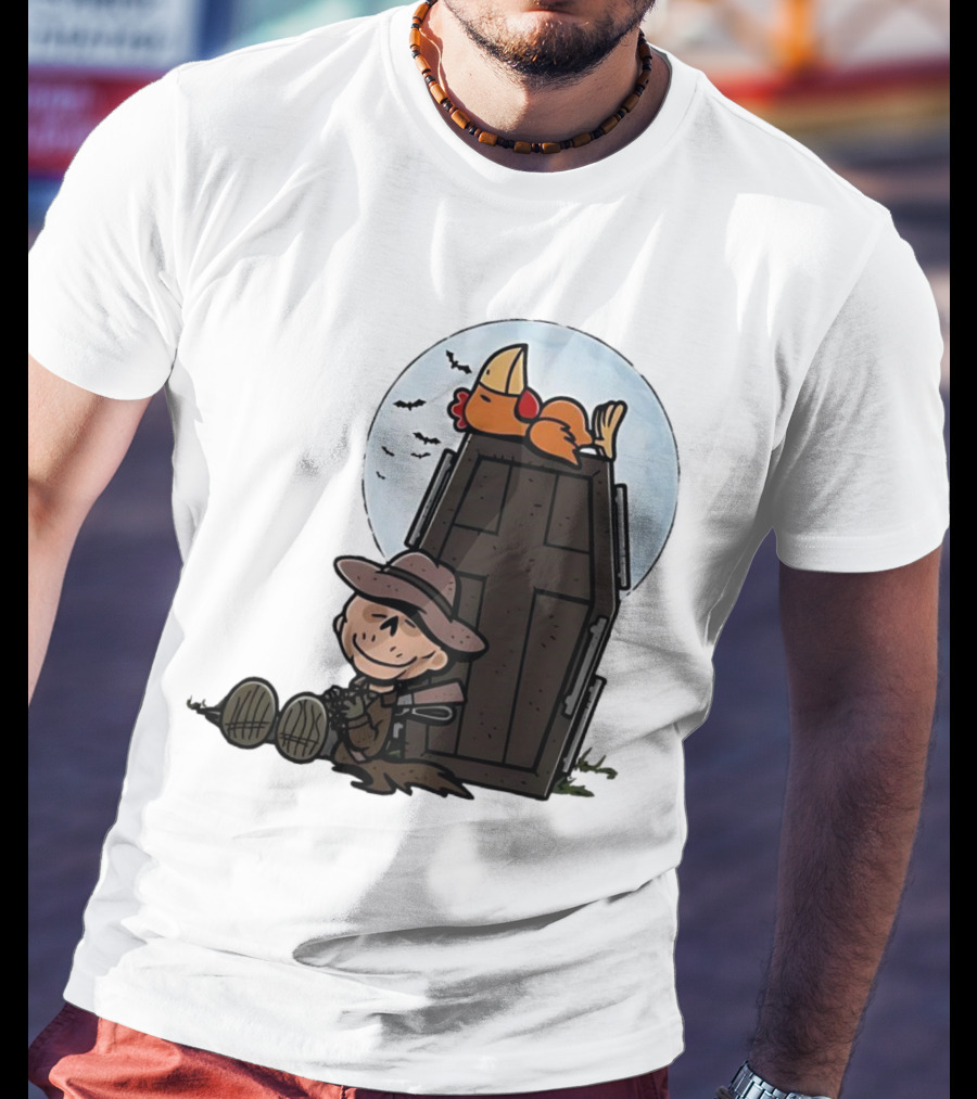Ghoul And A Chicken From Fallout Peanuts Style Sitting By Coffin Under Moon With Bats T-Shirt