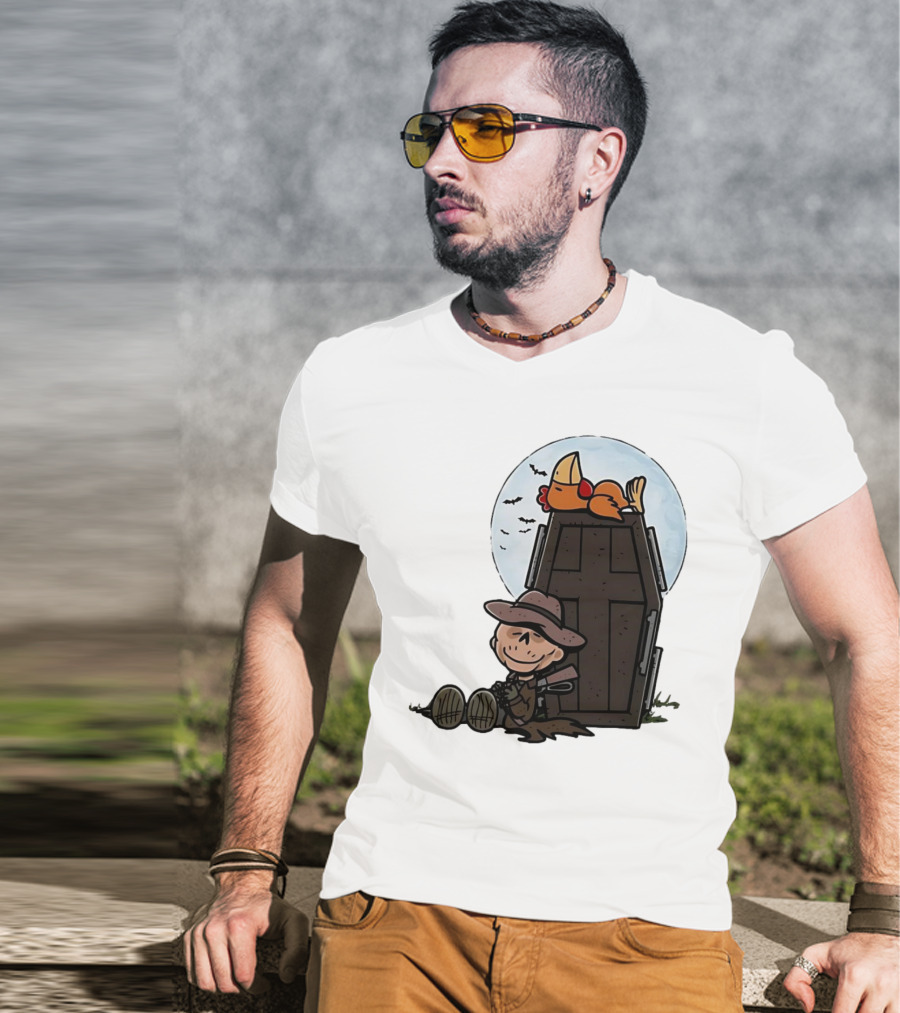 Ghoul And A Chicken From Fallout Peanuts Style Sitting By Coffin Under Moon With Bats T-Shirt