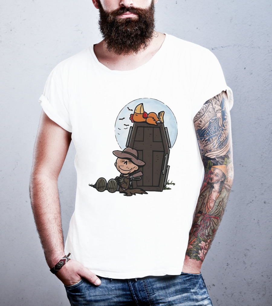 Ghoul And A Chicken From Fallout Peanuts Style Sitting By Coffin Under Moon With Bats T-Shirt