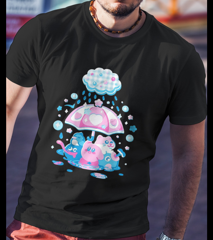 Kirby Gooey And Rick Under Heart Umbrella With Stars And Raindrops T-Shirt