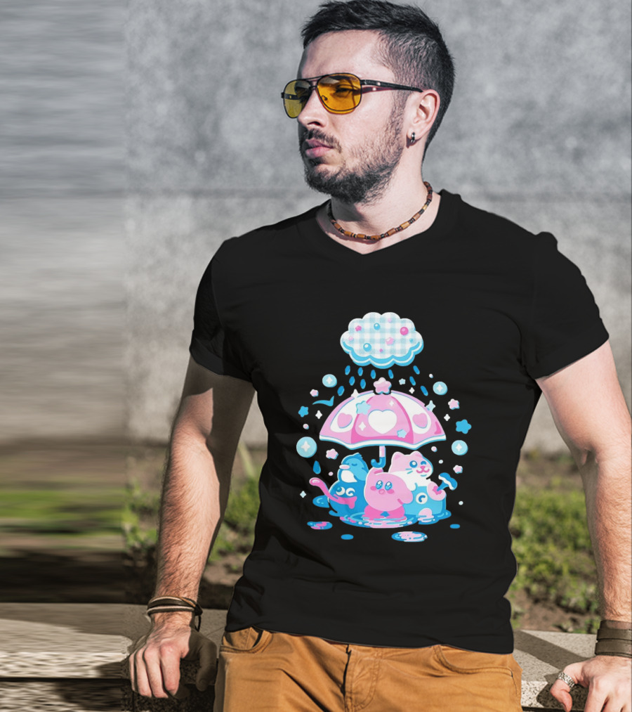 Kirby Gooey And Rick Under Heart Umbrella With Stars And Raindrops T-Shirt