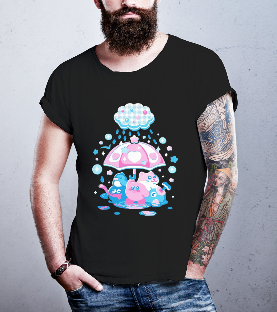 Kirby Gooey And Rick Under Heart Umbrella With Stars And Raindrops T-Shirt