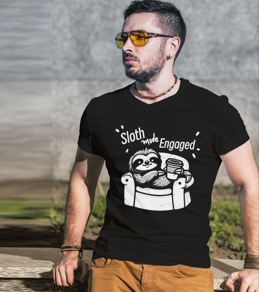 Sloth Mode Engaged Relaxing Sloth With Coffee On Couch T-Shirt