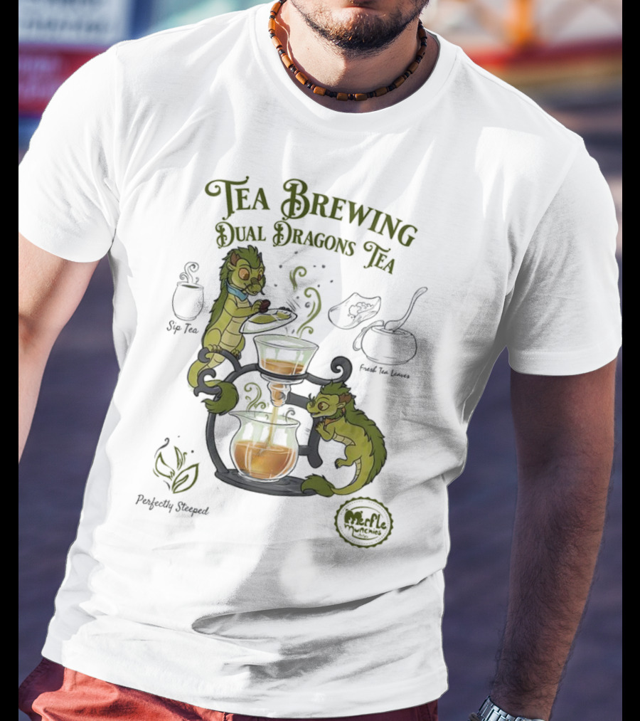 Tea Brewing Dual Dragons Sip Tea Perfectly Steeped Leaf And Kettle T-Shirt