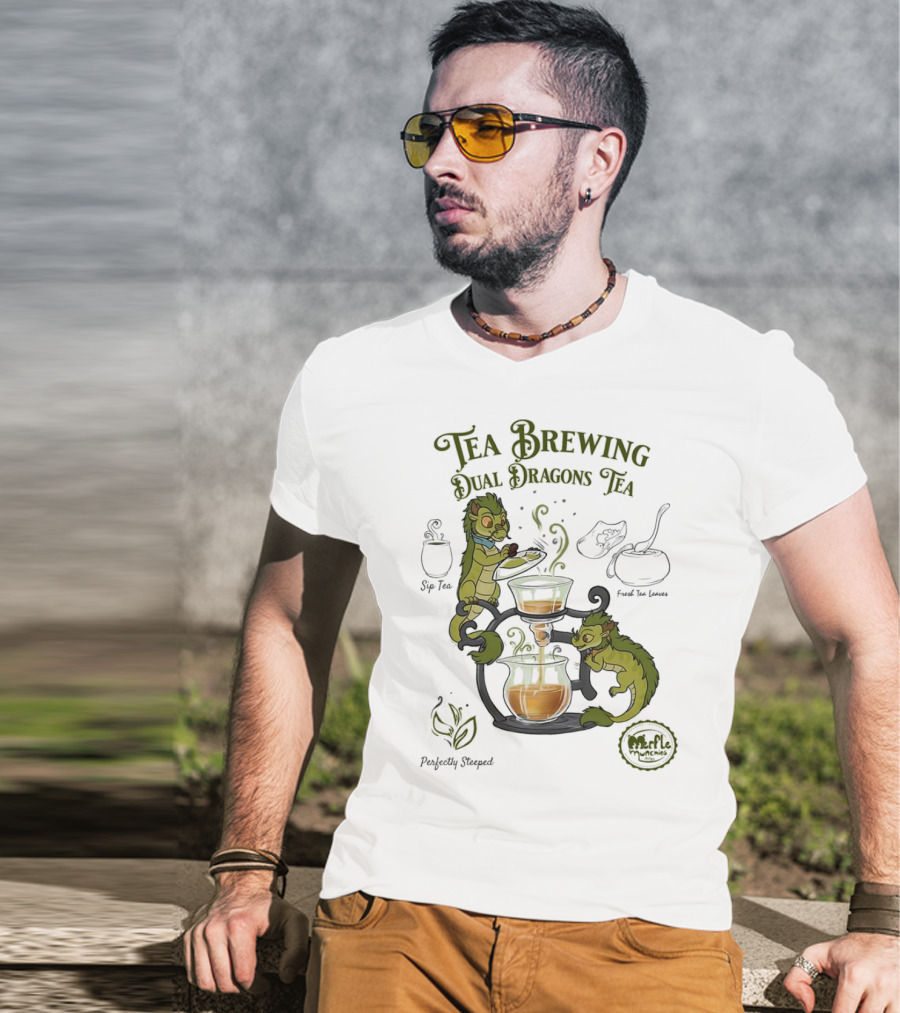 Tea Brewing Dual Dragons Sip Tea Perfectly Steeped Leaf And Kettle T-Shirt