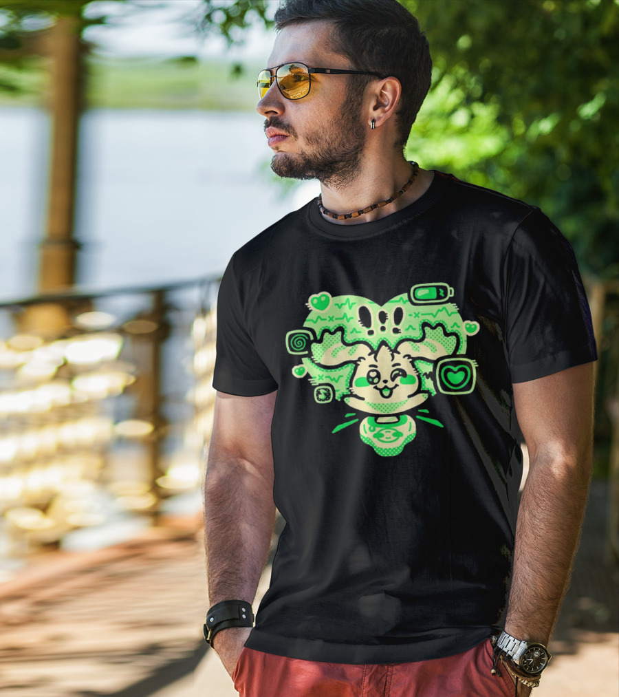 Terriermon Digimon Iconic Green Heartbeat Motif With Digital Symbols T-Shirt