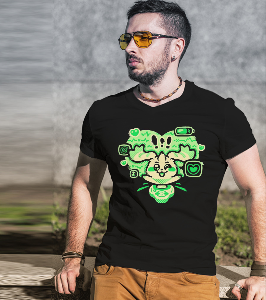 Terriermon Digimon Iconic Green Heartbeat Motif With Digital Symbols T-Shirt