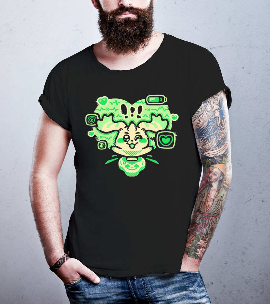 Terriermon Digimon Iconic Green Heartbeat Motif With Digital Symbols T-Shirt