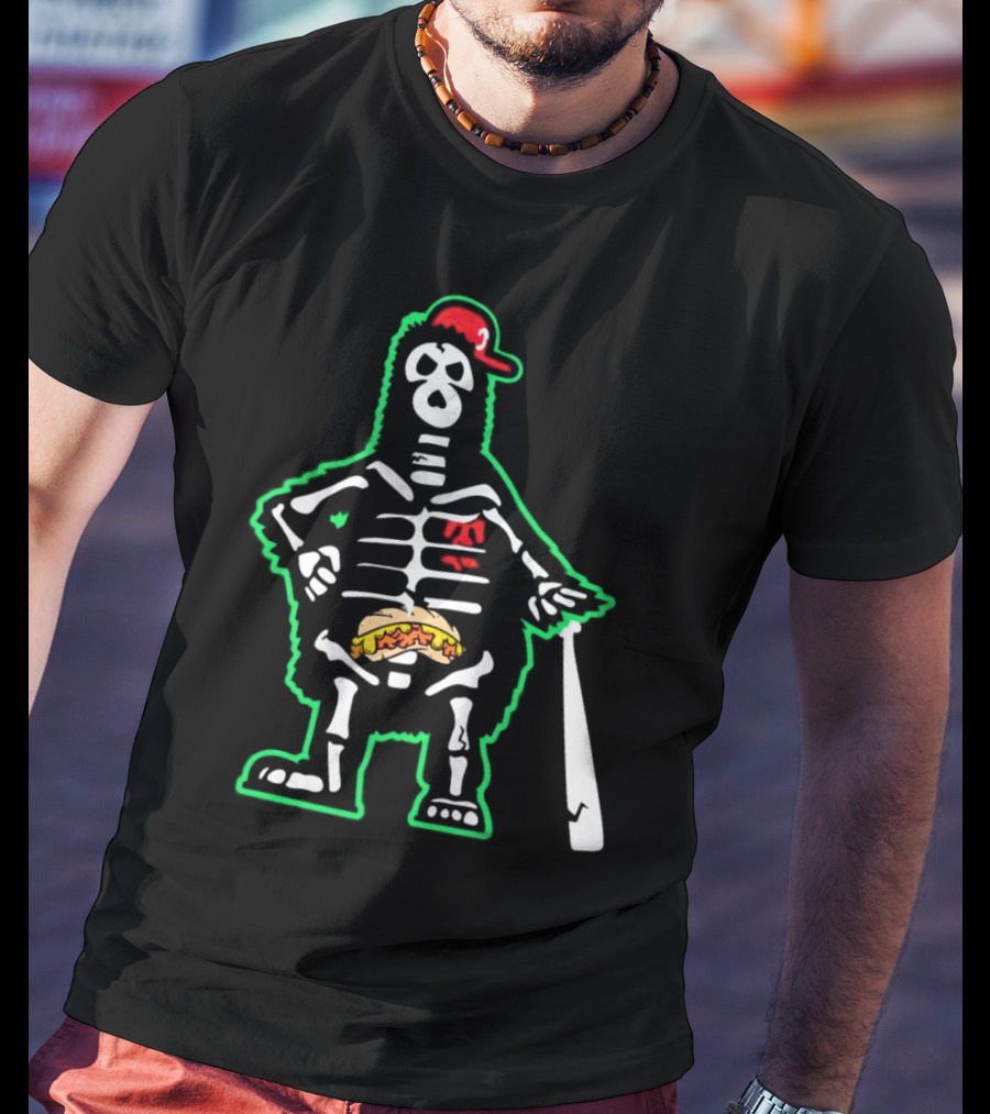 Phillie Phanatic Skeleton With Baseball Bat And Hot Dog Belly T-Shirt