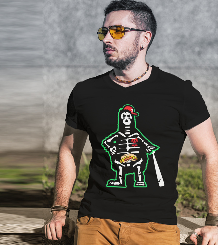 Phillie Phanatic Skeleton With Baseball Bat And Hot Dog Belly T-Shirt