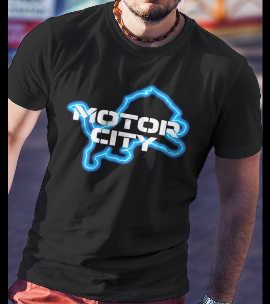 Sam Richardson Wearing Detroit Lions Motor City Blue Lion T-Shirt