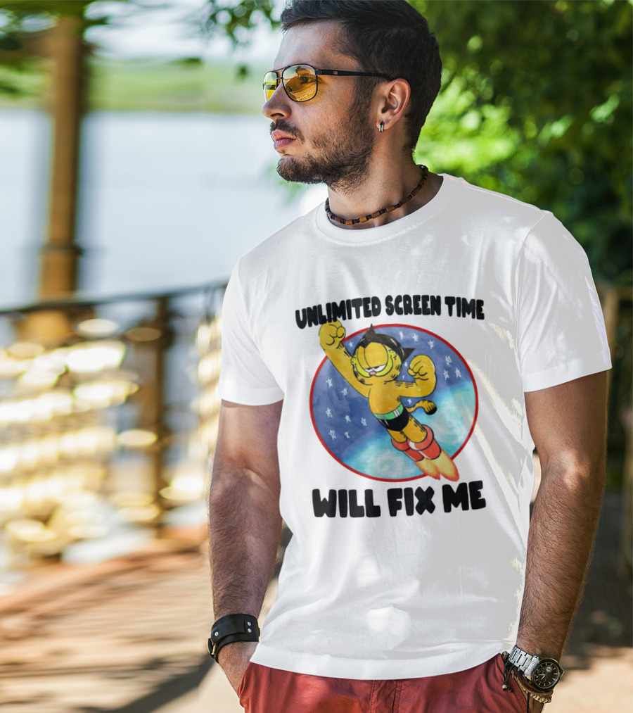 Unlimited Screen Time Will Fix Me Garfield Superhero Flight T-Shirt