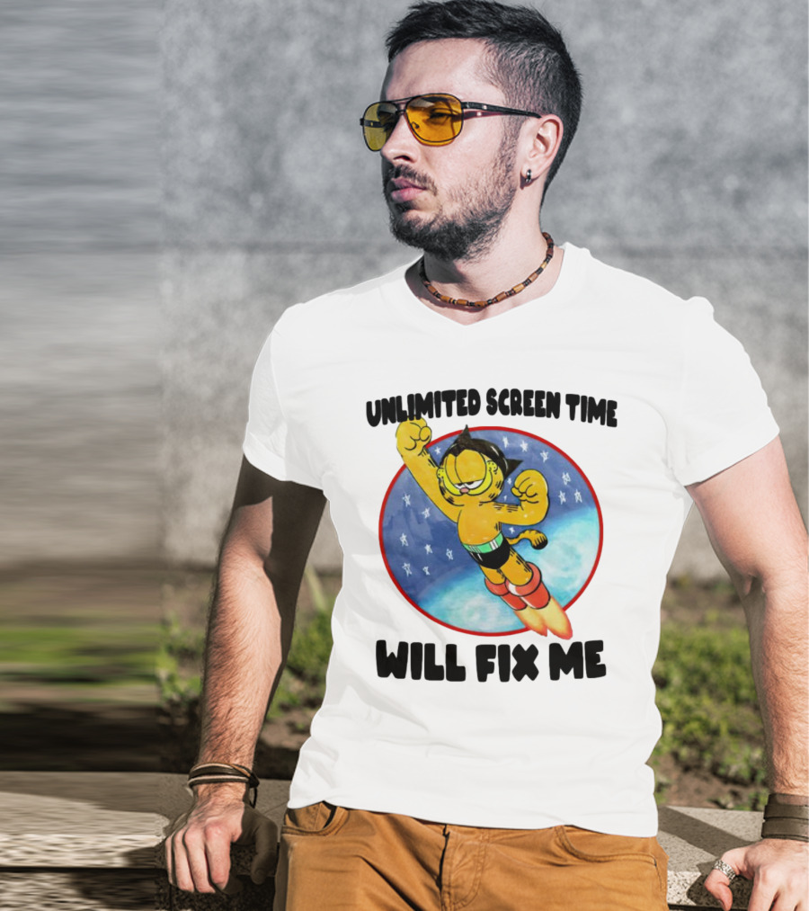 Unlimited Screen Time Will Fix Me Garfield Superhero Flight T-Shirt
