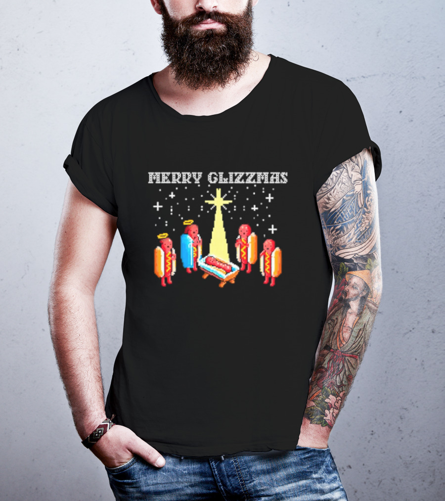 Merry Glizzmas Hot Dog Nativity Scene With Angels T-Shirt
