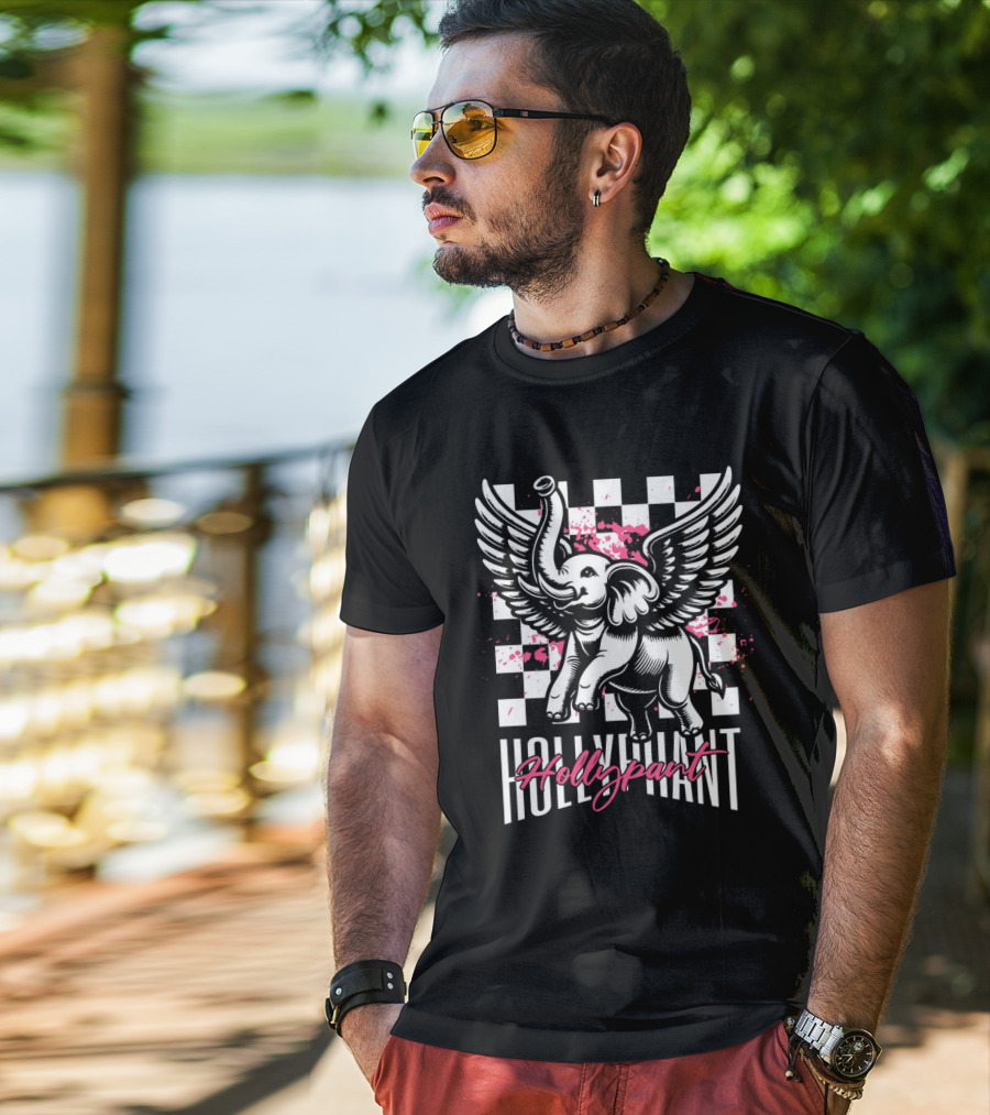 Hollypant Flying Elephant Checkered Pink Splatters T-Shirt