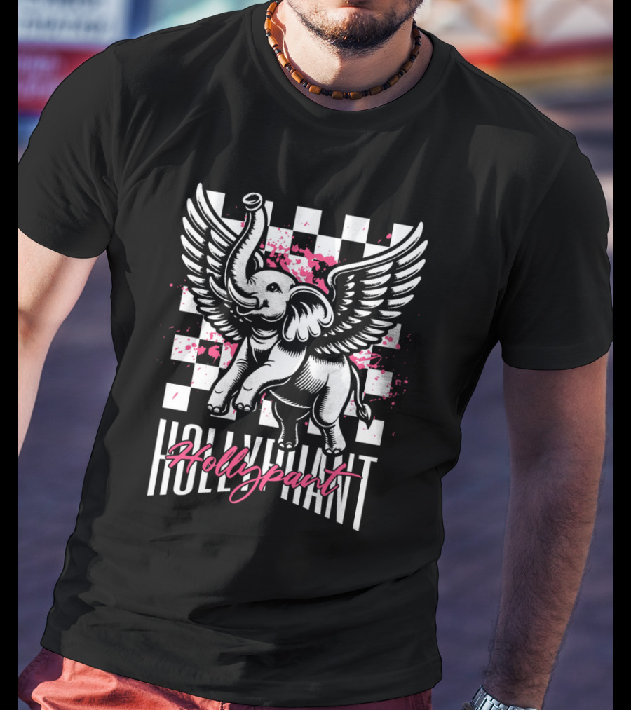 Hollypant Flying Elephant Checkered Pink Splatters T-Shirt