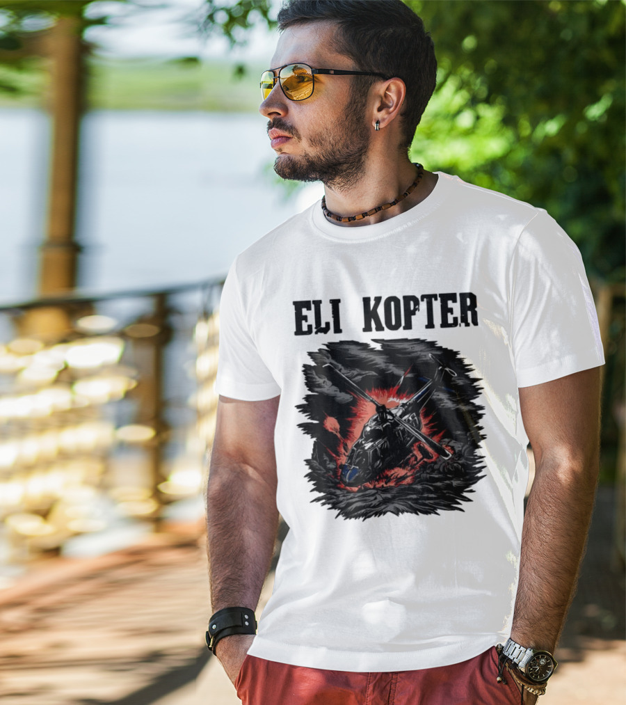 Eli Kopter Helicopter In Stormy Sky With Red Explosion T-Shirt