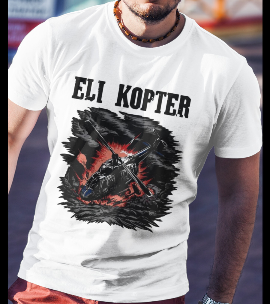 Eli Kopter Helicopter In Stormy Sky With Red Explosion T-Shirt