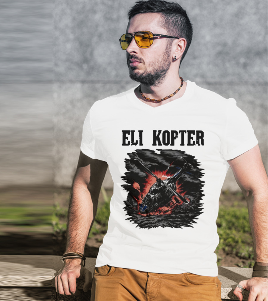 Eli Kopter Helicopter In Stormy Sky With Red Explosion T-Shirt