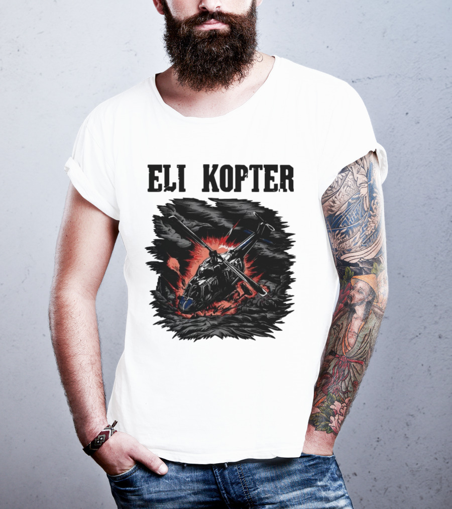 Eli Kopter Helicopter In Stormy Sky With Red Explosion T-Shirt
