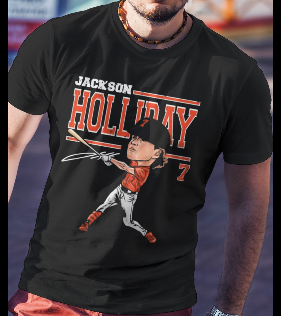 Jackson Holliday Baltimore Orioles Cartoon Batting Stance Number 7 T-Shirt
