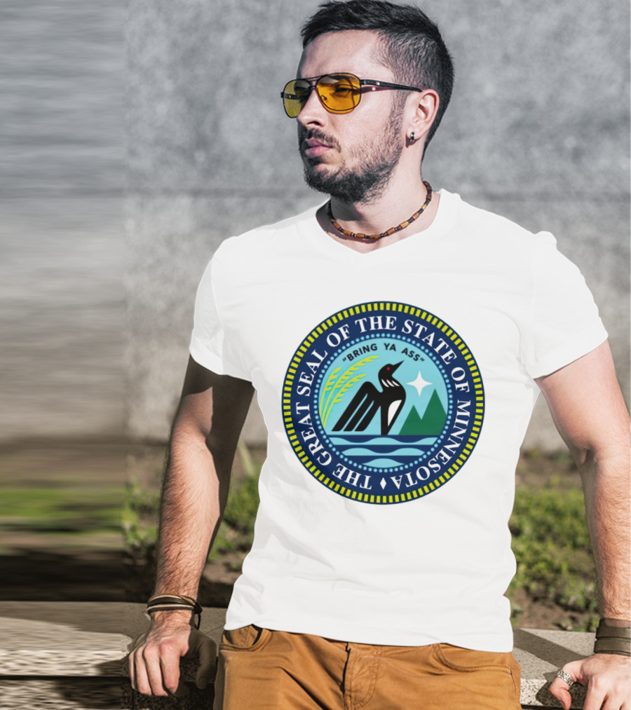 The Great Seal Of The State Of Minnesota Bring Ya Ass Black Bird Mountains Waves Star T-Shirt