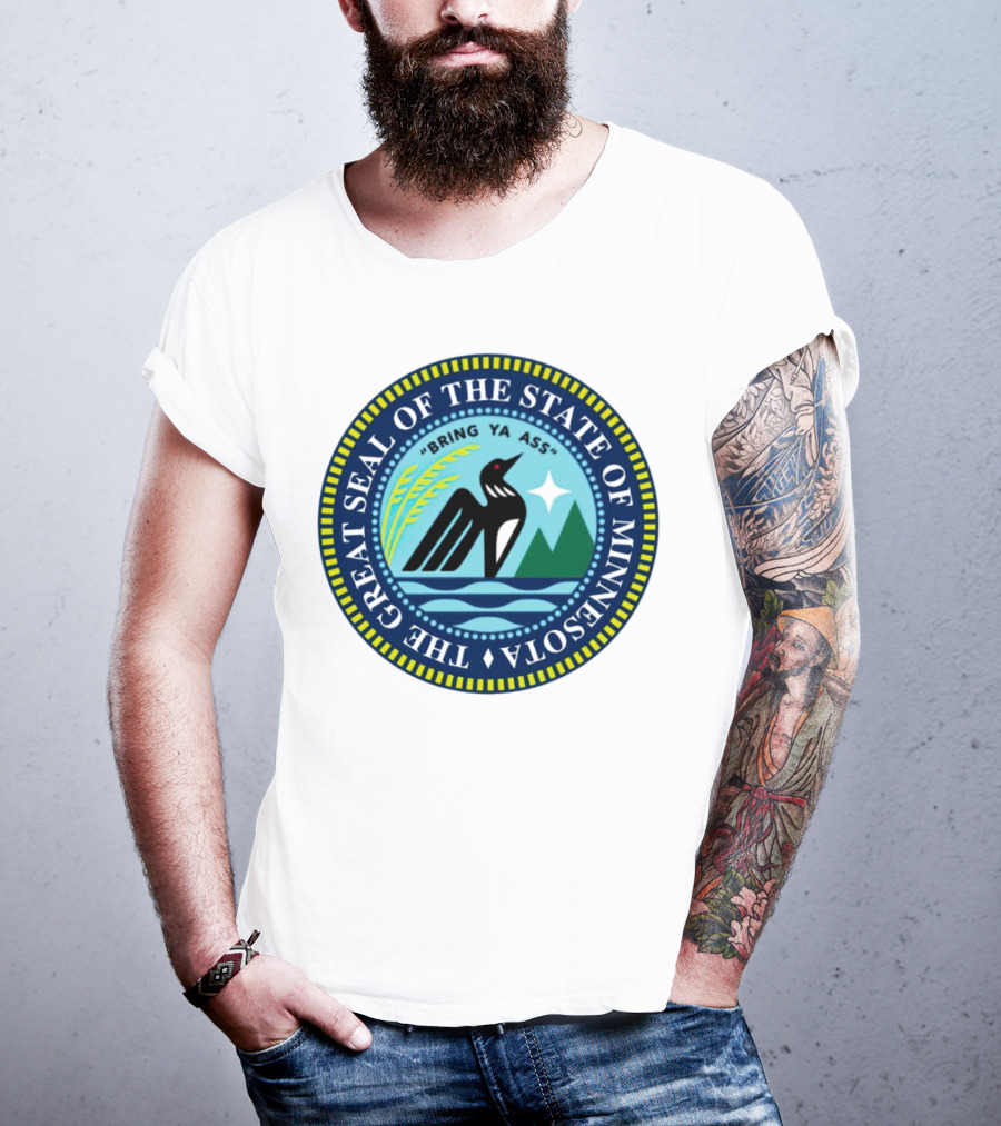 The Great Seal Of The State Of Minnesota Bring Ya Ass Black Bird Mountains Waves Star T-Shirt