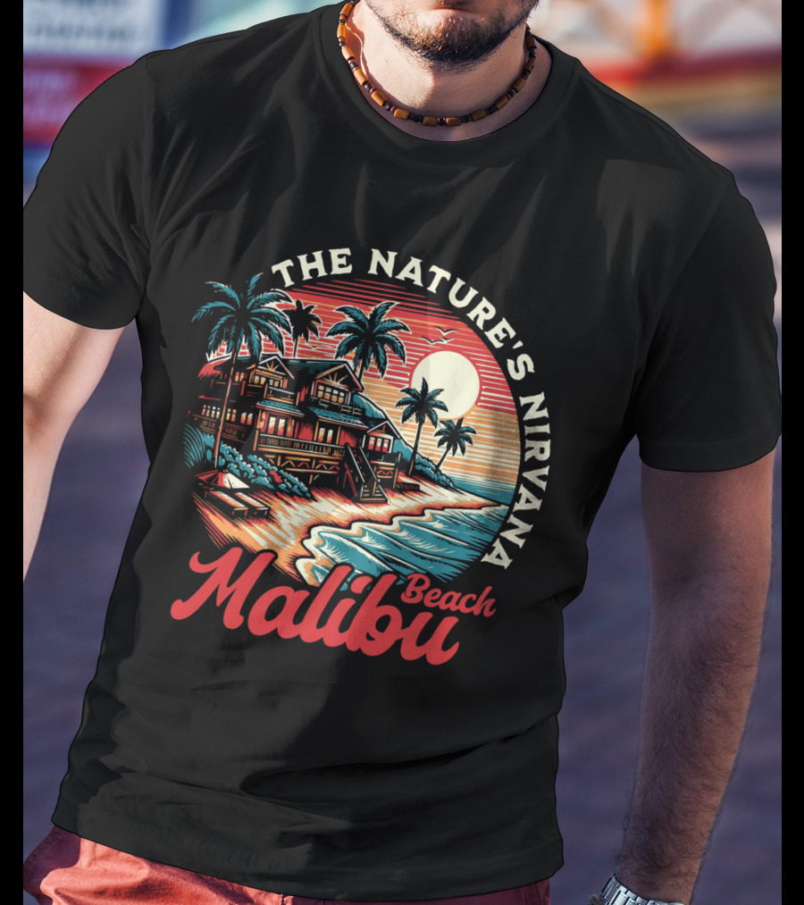 The Nature's Nirvana Malibu Beach Retro Sunset Scene T-Shirt