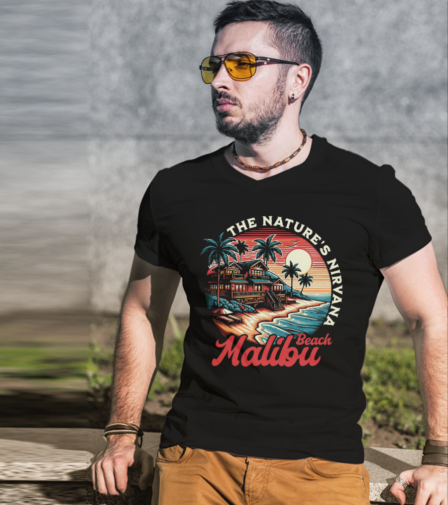 The Nature's Nirvana Malibu Beach Retro Sunset Scene T-Shirt