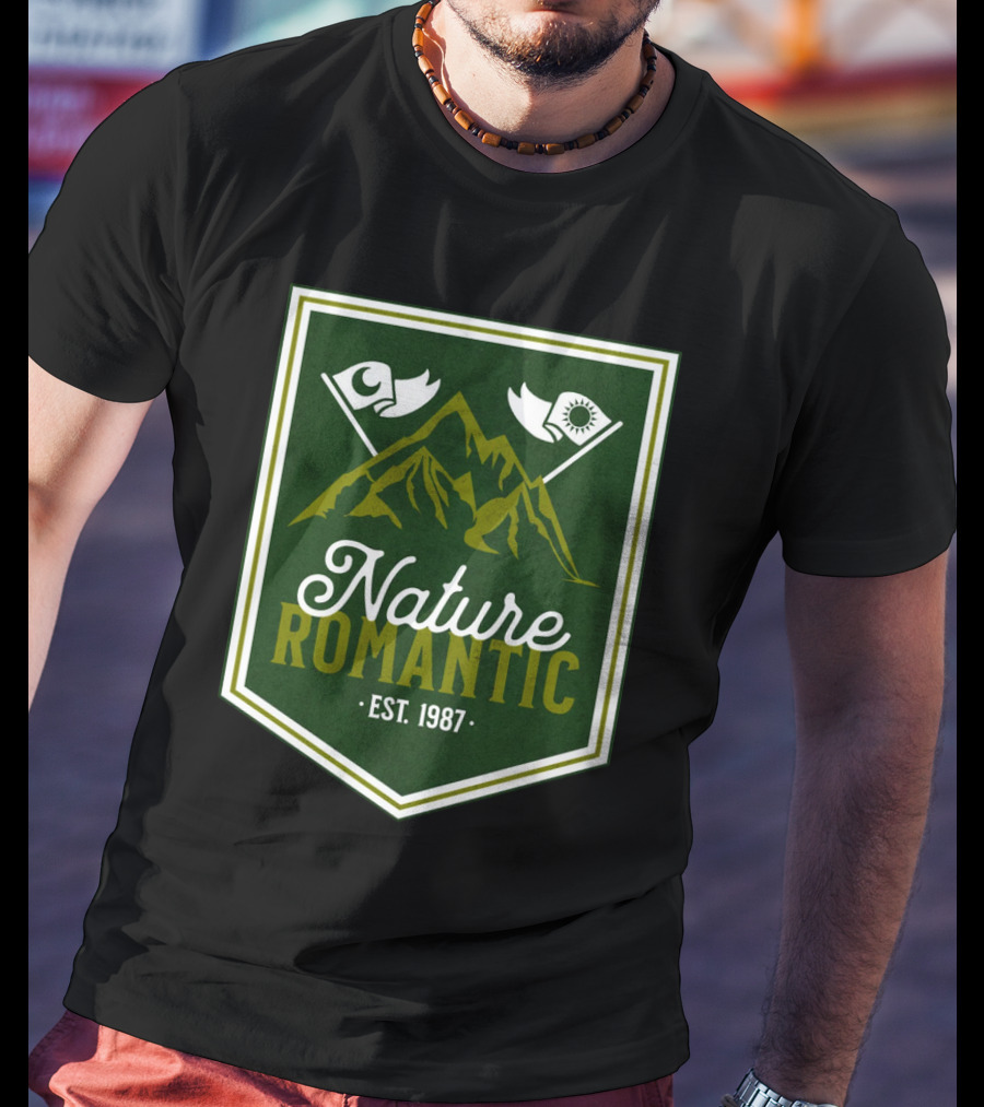 Nature Romantic Est. 1987 Mountain Adventure Sun Moon Flags T-Shirt