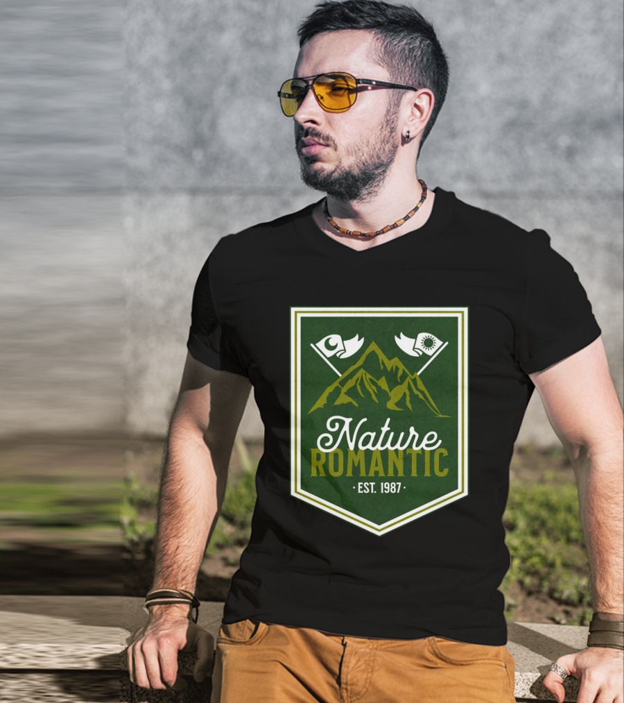 Nature Romantic Est. 1987 Mountain Adventure Sun Moon Flags T-Shirt