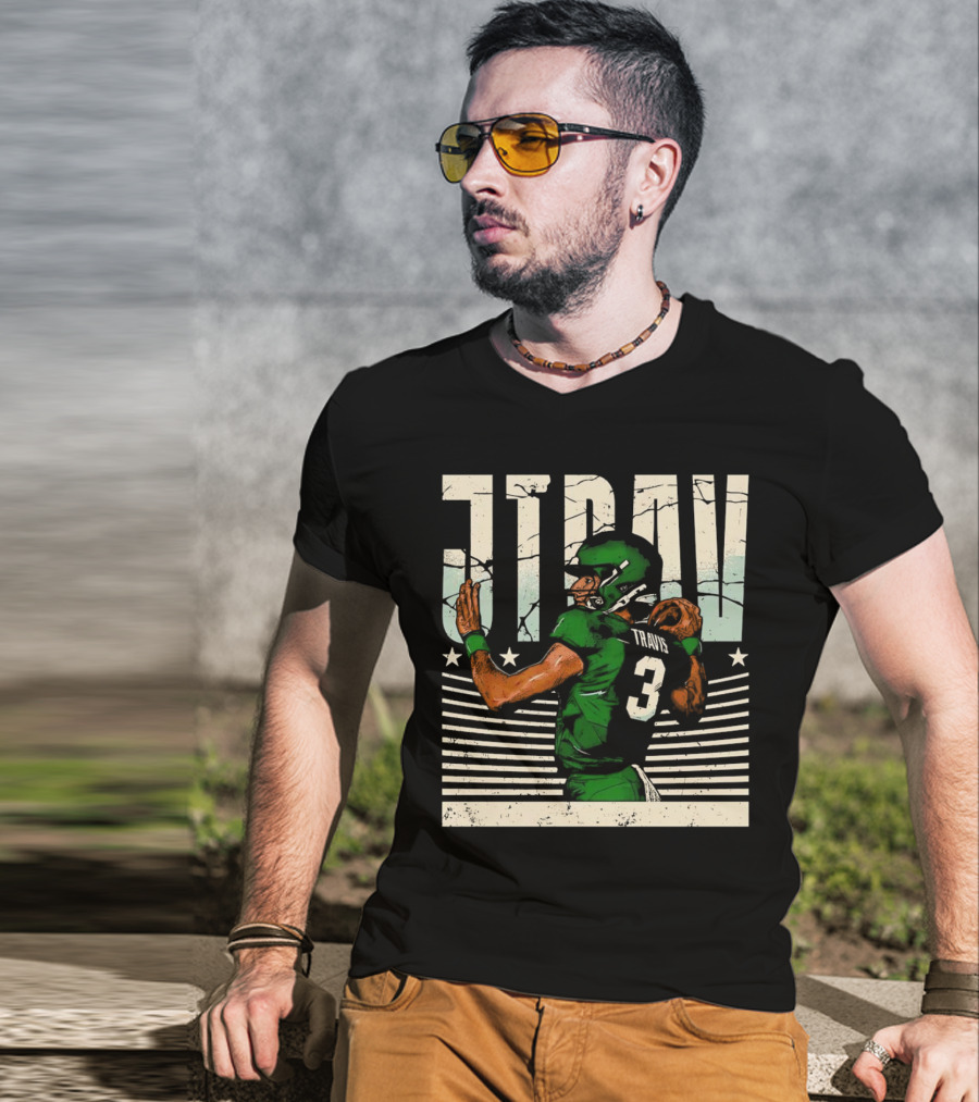Jordan Travis New York Jets Football Cartoon Graphic Retro Style Football Jersey Number 3 T-Shirt