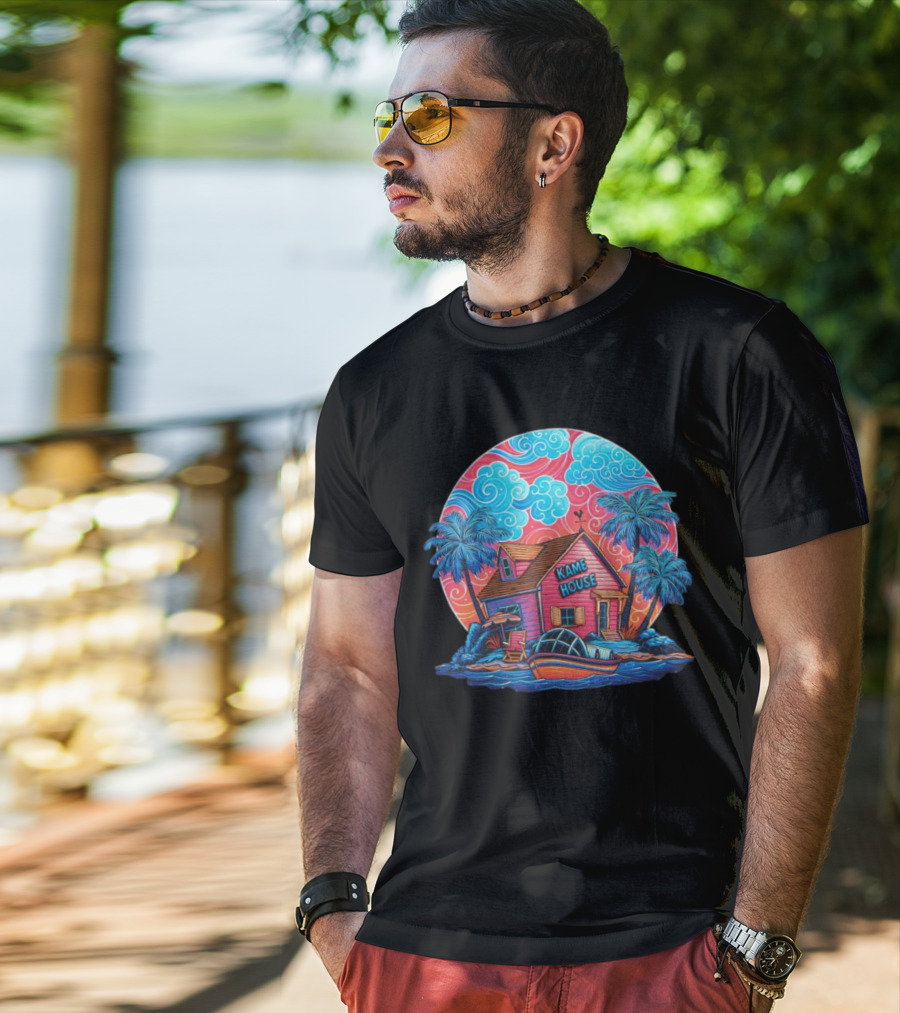 Kame House Vibrant Tropical Island Scene Dragon Ball T-Shirt