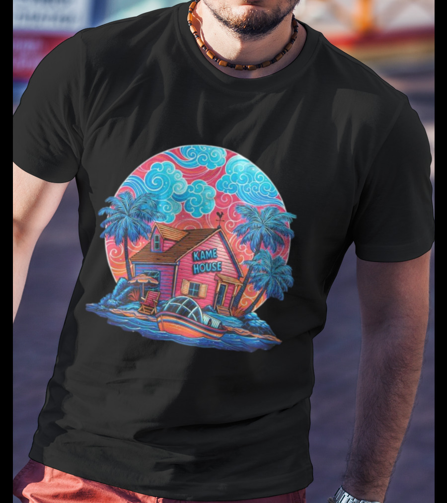 Kame House Vibrant Tropical Island Scene Dragon Ball T-Shirt