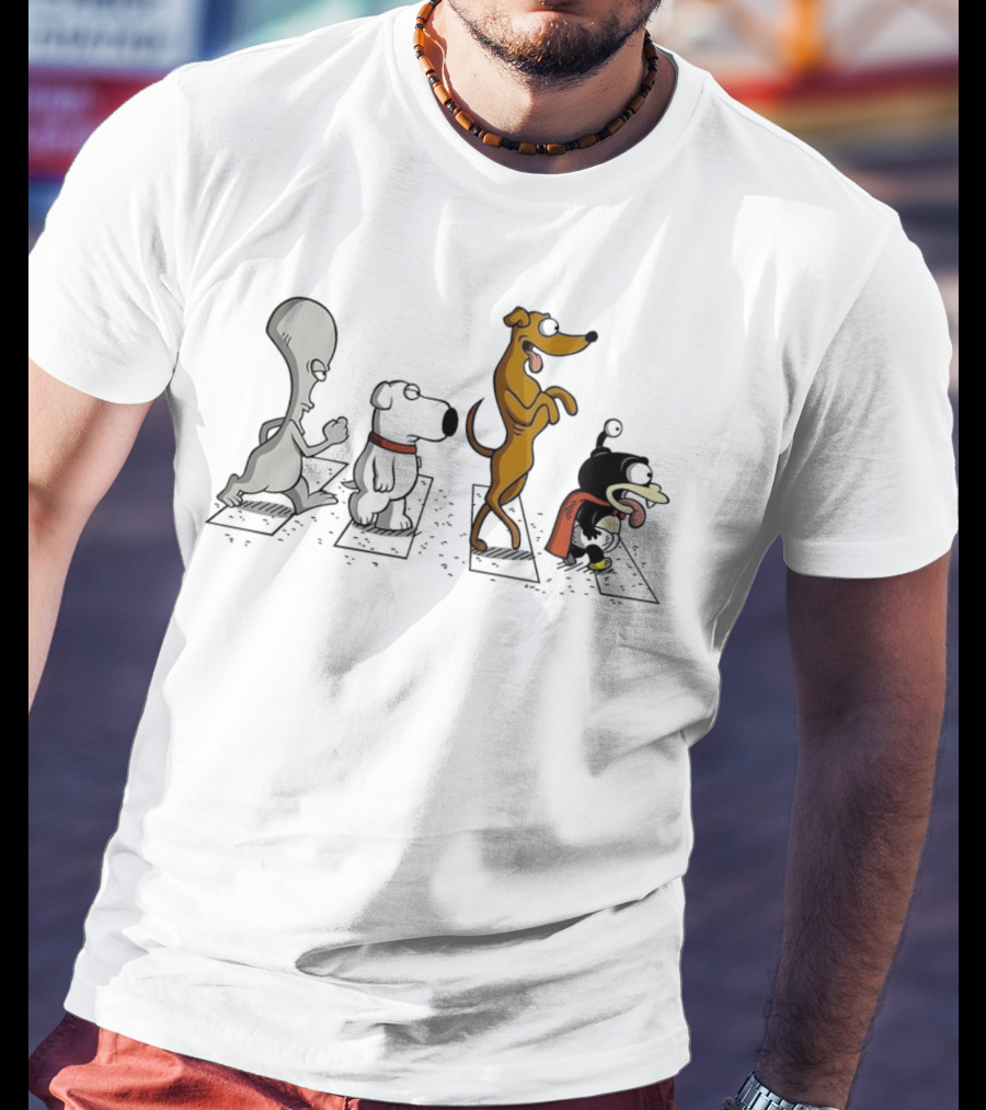 Roger Brian Santa’s Little Helper And Nibbler Walking Across Iconic Crosswalk T-Shirt