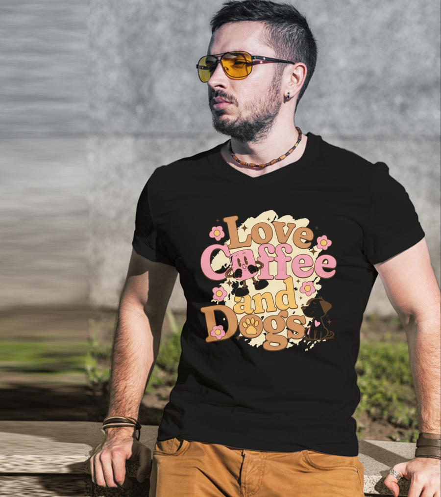Love Coffee And Dogs Cute Floral Cartoon T-Shirt