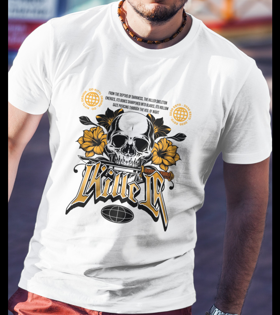 Killer Skeleton Dark Skull With Sword And Flowers T-Shirt
