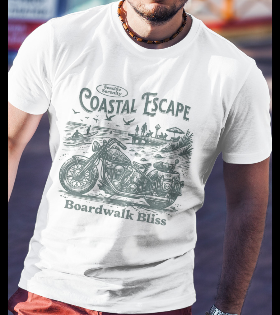 Seaside Serenity Coastal Escape Motorcycle Boardwalk Bliss T-Shirt