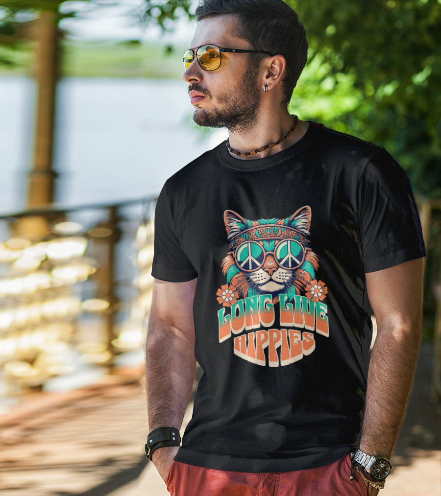 Long Live Hippies Cat With Peace Sign Glasses And Flowers T-Shirt