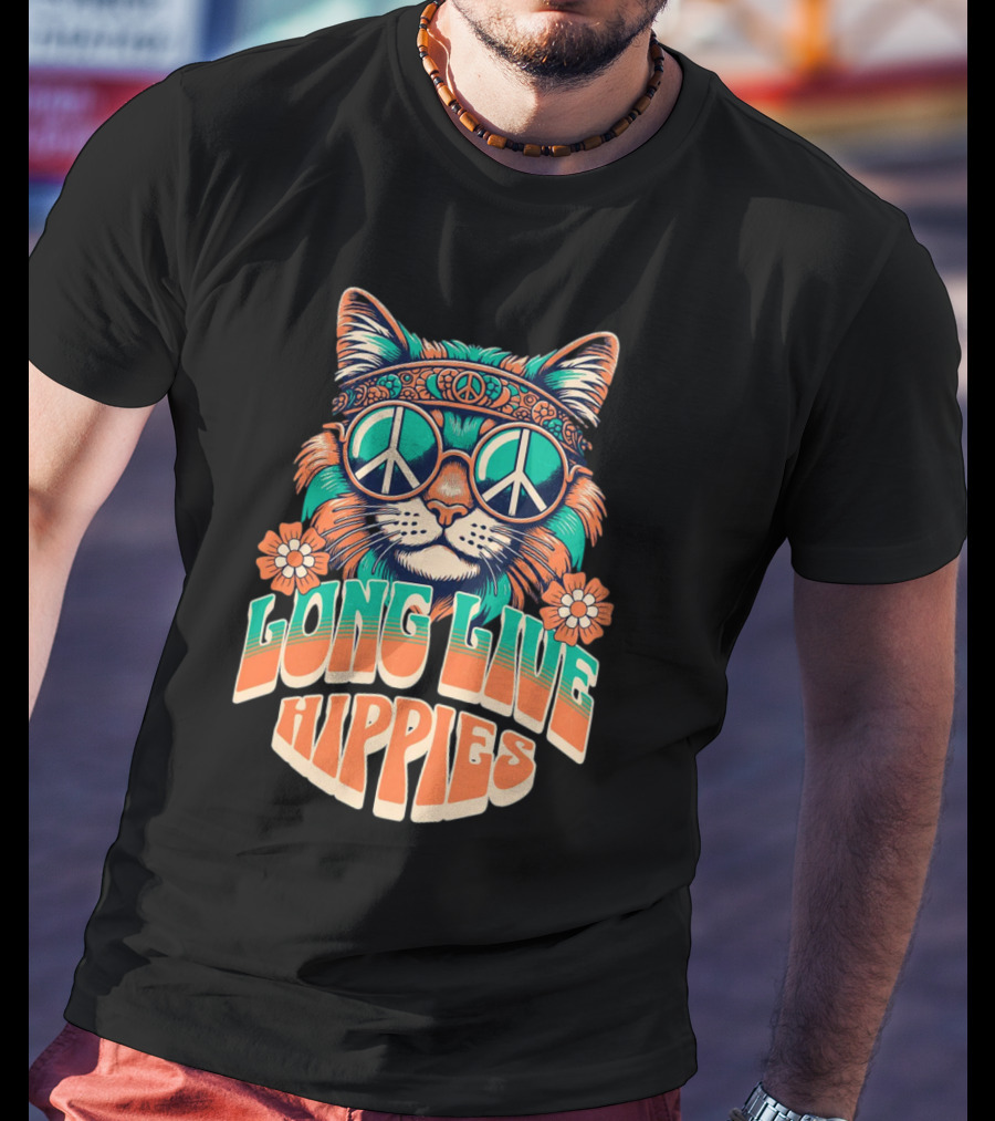 Long Live Hippies Cat With Peace Sign Glasses And Flowers T-Shirt
